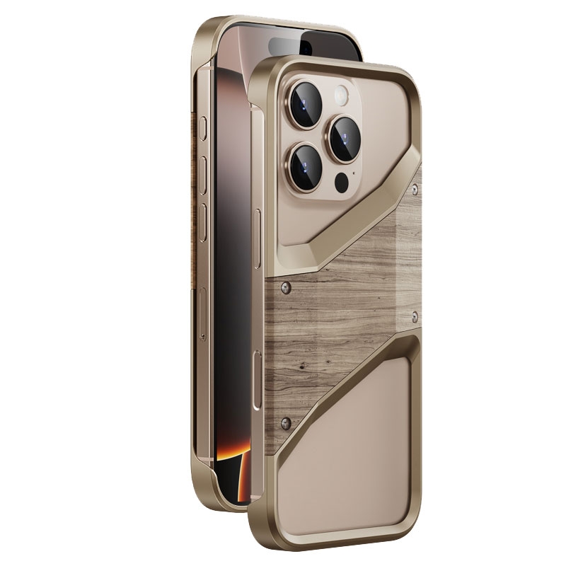 For iPhone 16 Pro Max Aluminum Alloy Solid Wood Frameless Hollow Metal Phone Case(Gold) - Shopkiz.com