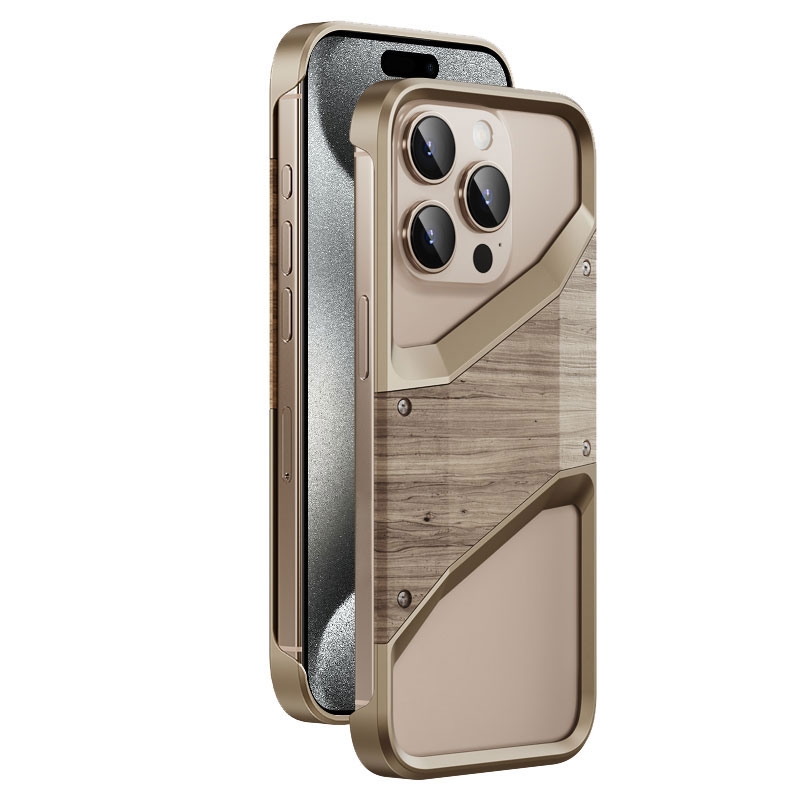 For iPhone 15 Pro Aluminum Alloy Solid Wood Frameless Hollow Metal Phone Case(Gold) - Shopkiz.com