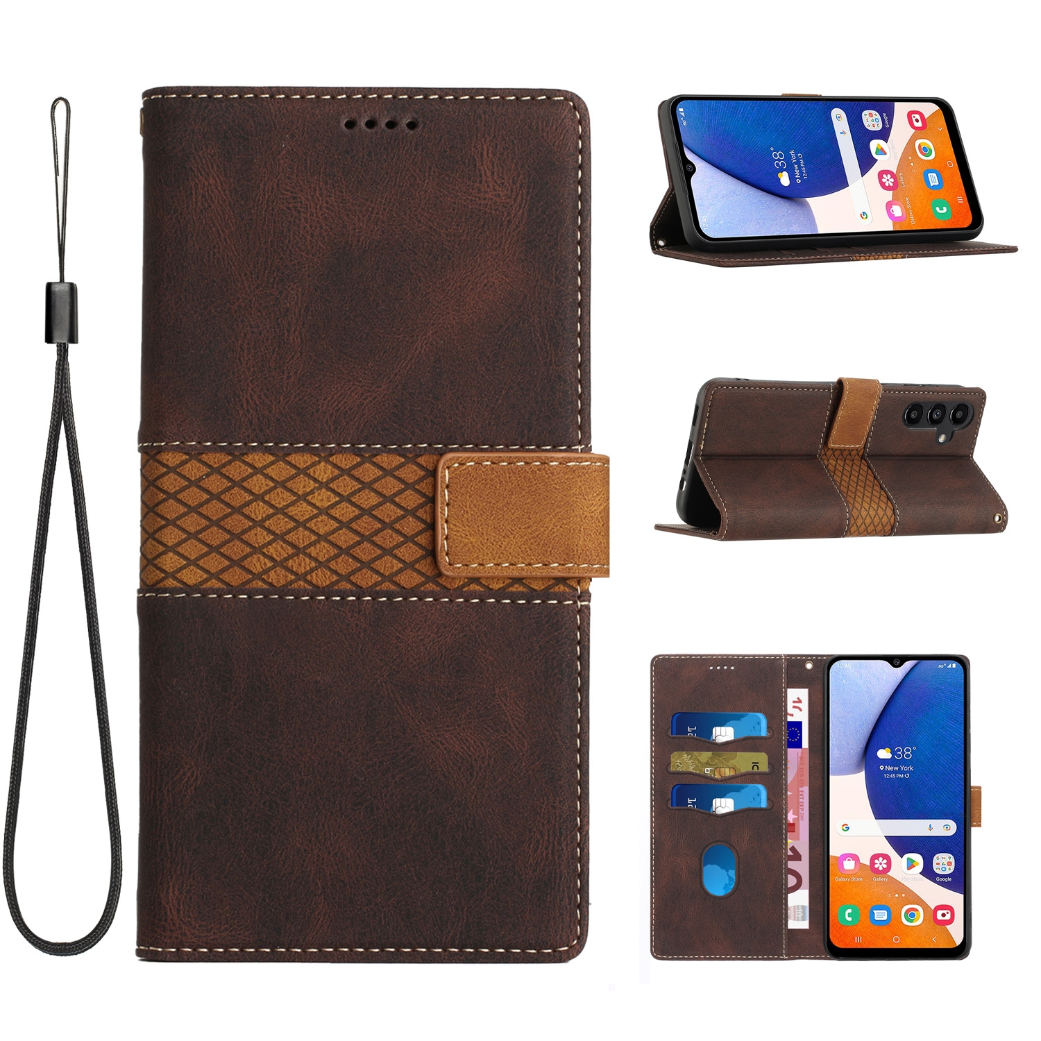 For Samsung Galaxy A15 4G / 5G Grid Stitching Leather Phone Case with Lanyard(Brown)
