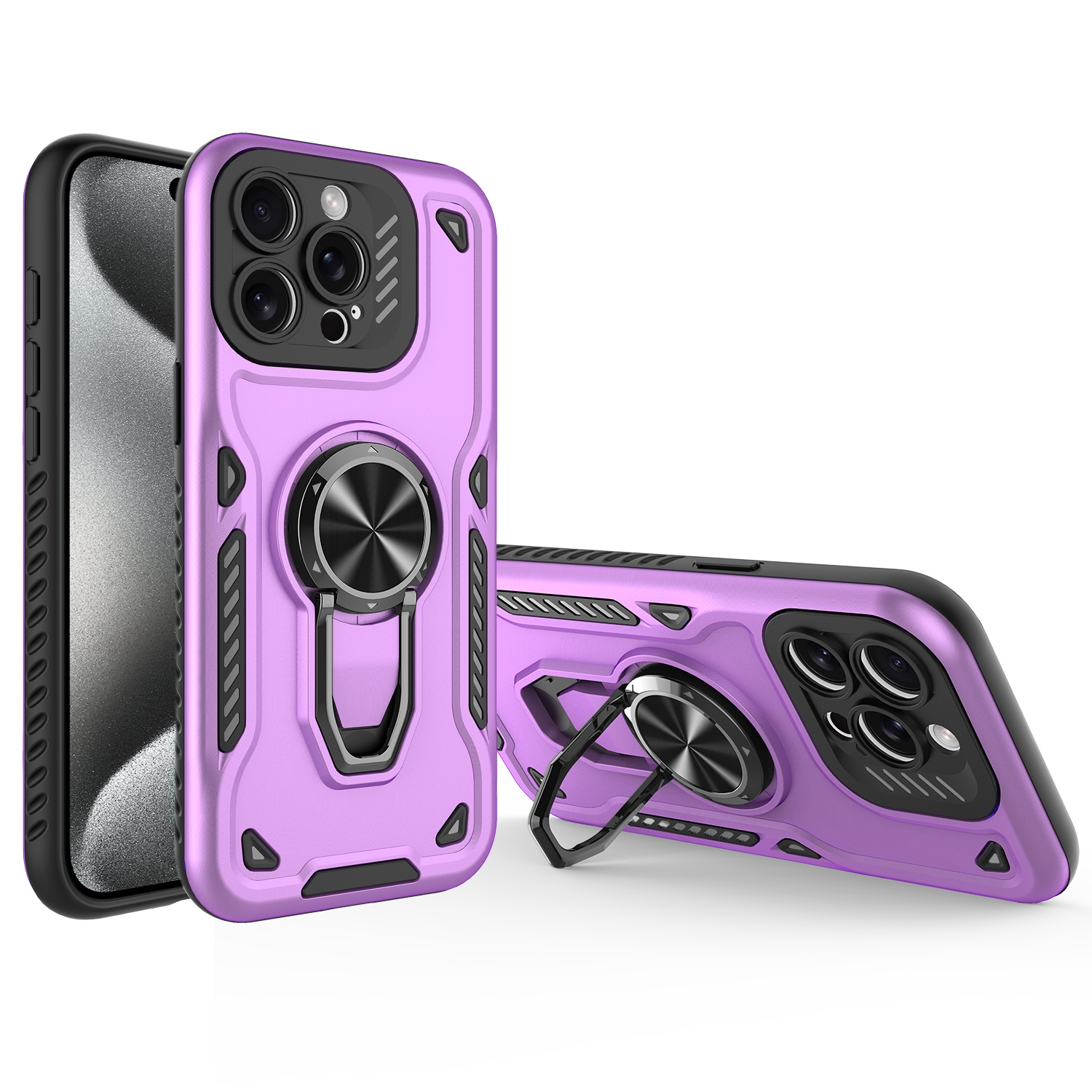 For iPhone 15 Pro Max Metal Rotating Bracket TPU + PC Magnetic Phone Case(Purple) - Shopkiz.com