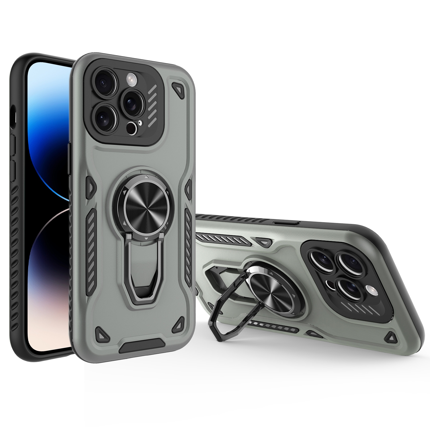 For iPhone 14 Pro Max Metal Rotating Bracket TPU + PC Magnetic Phone Case(Carbon Grey) - Shopkiz.com