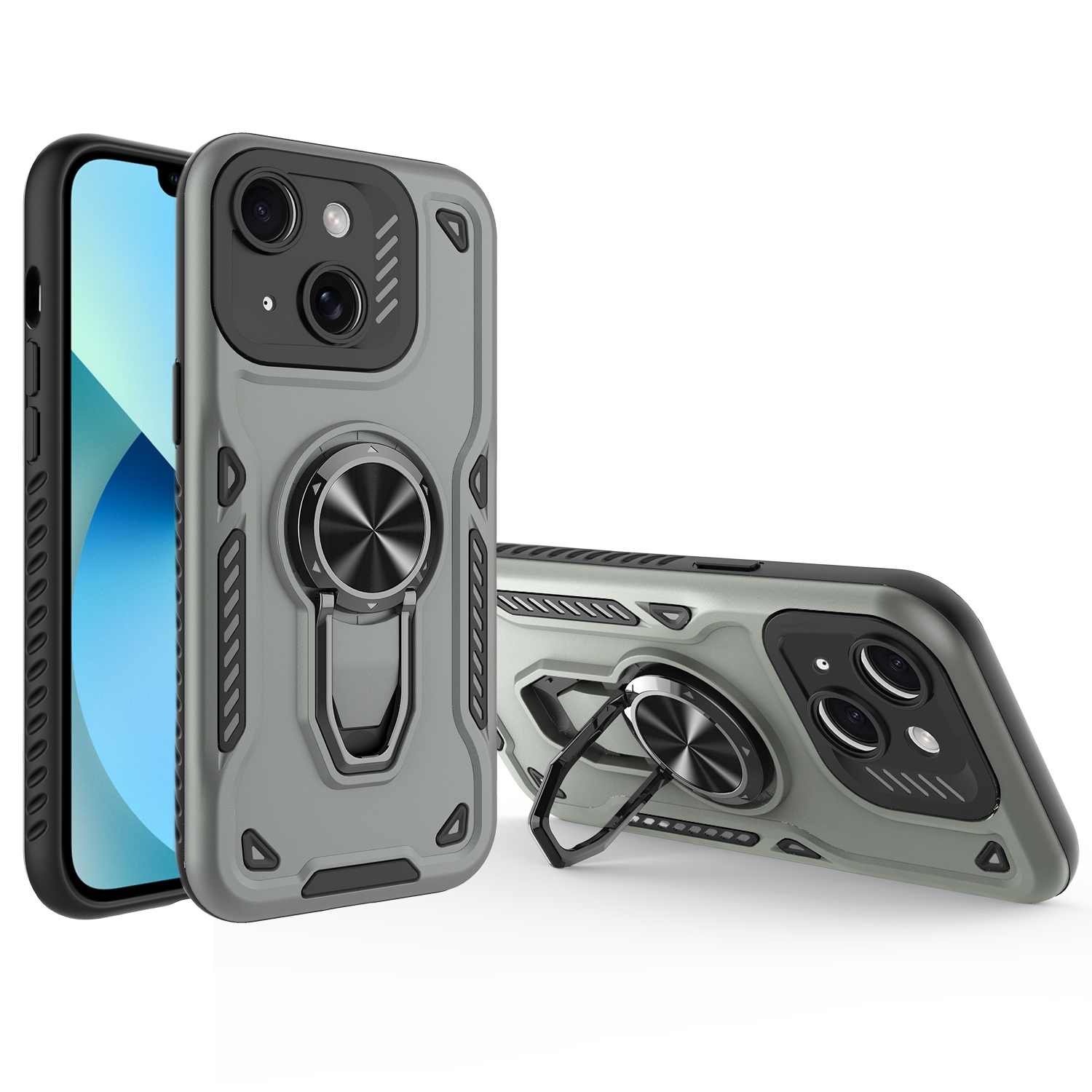 For iPhone 13 Metal Rotating Bracket TPU + PC Magnetic Phone Case(Carbon Grey) - Shopkiz.com