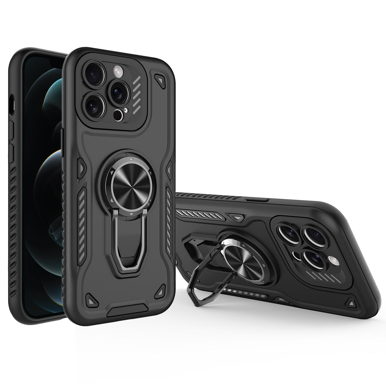For iPhone 12 Pro Metal Rotating Bracket TPU + PC Magnetic Phone Case(Black) - Shopkiz.com