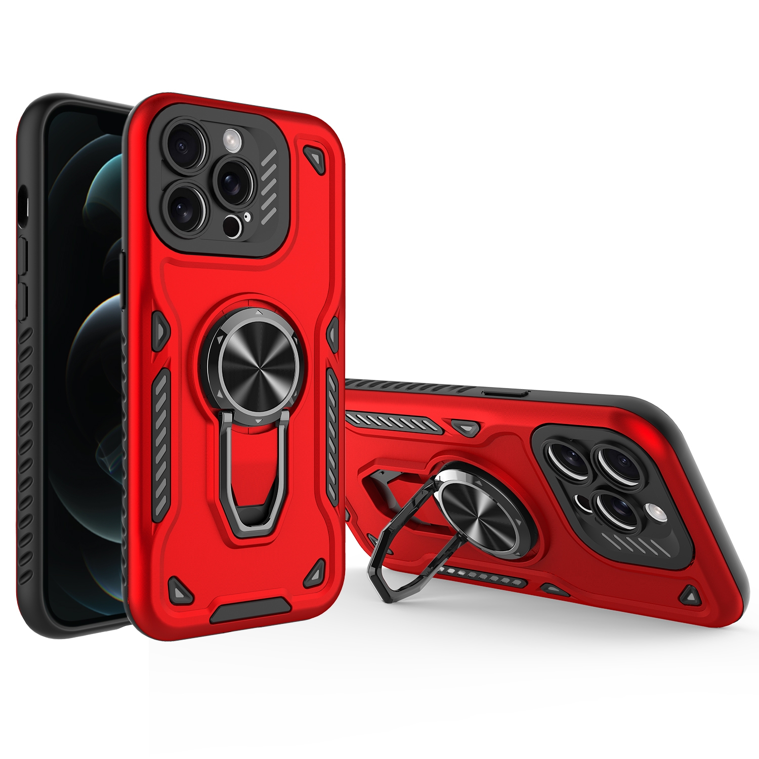 For iPhone 12 Pro Metal Rotating Bracket TPU + PC Magnetic Phone Case(Bright Red) - Shopkiz.com