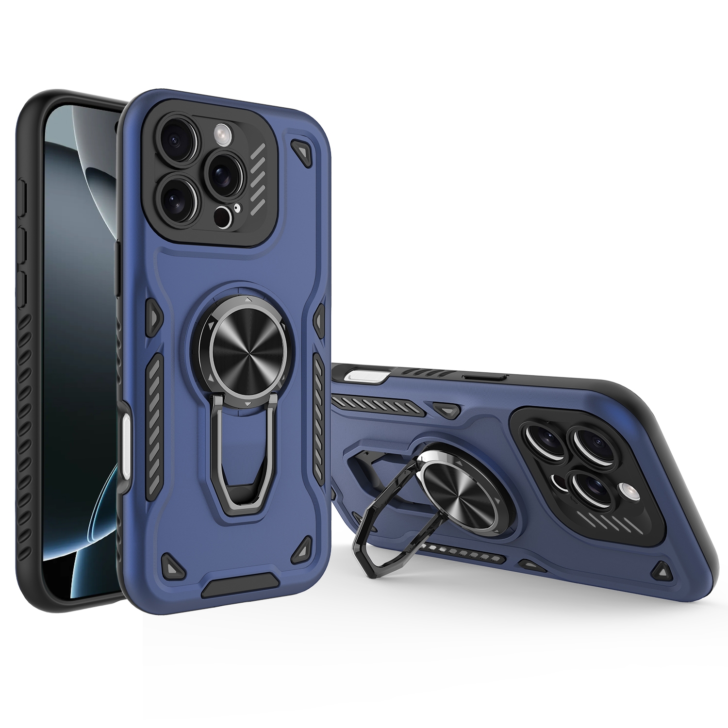 For iPhone 16 Pro Max Metal Rotating Bracket TPU + PC Magnetic Phone Case(Dark Blue) - Shopkiz.com