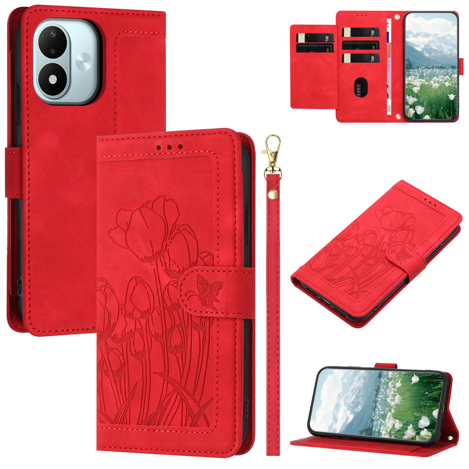 For Redmi Note 17 4G Global 171mm Tulips Embossed Leather Phone Case with Lanyard(Red) - Shopkiz.com