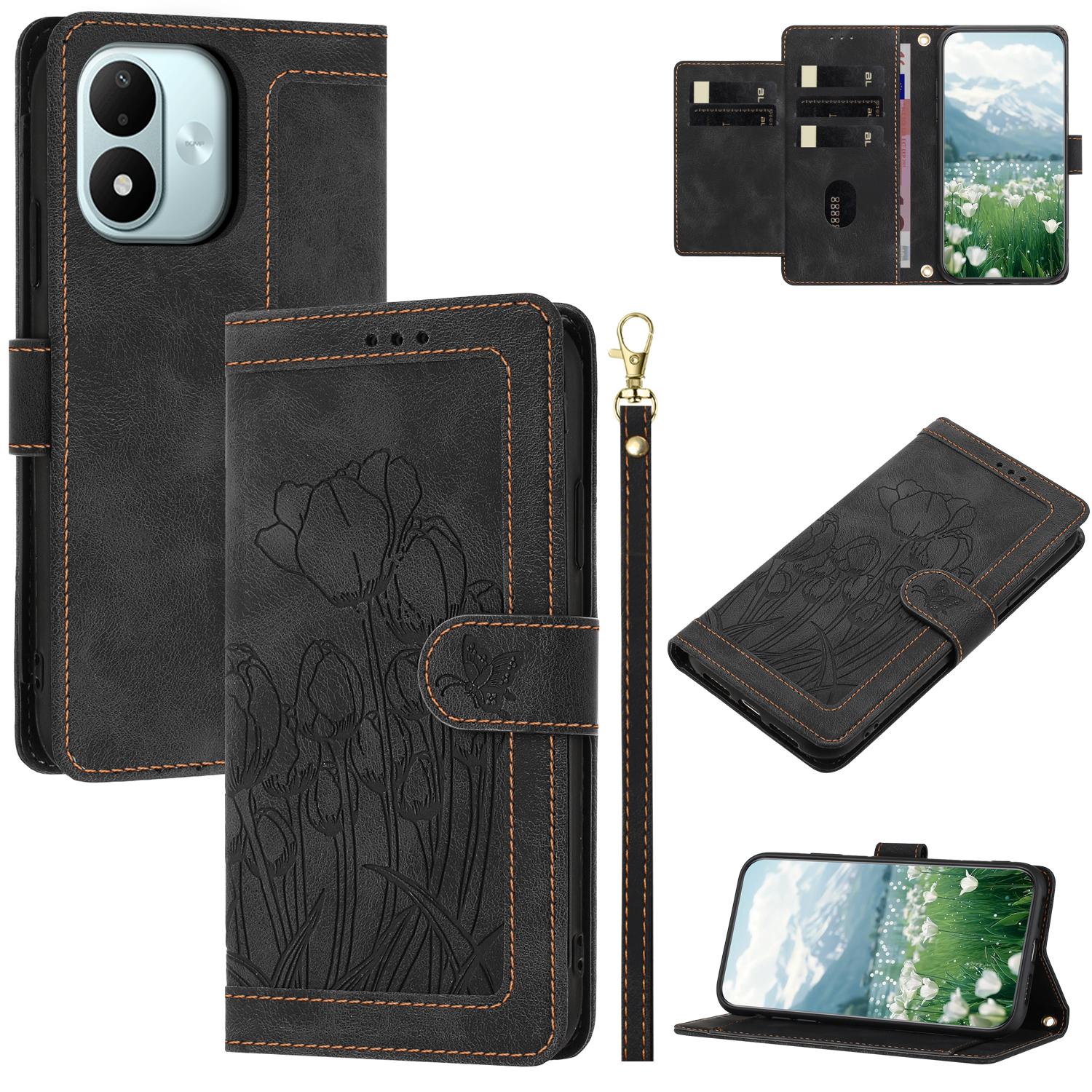 For Redmi Note 17 4G Global 171mm Tulips Embossed Leather Phone Case with Lanyard(Black) - Shopkiz.com