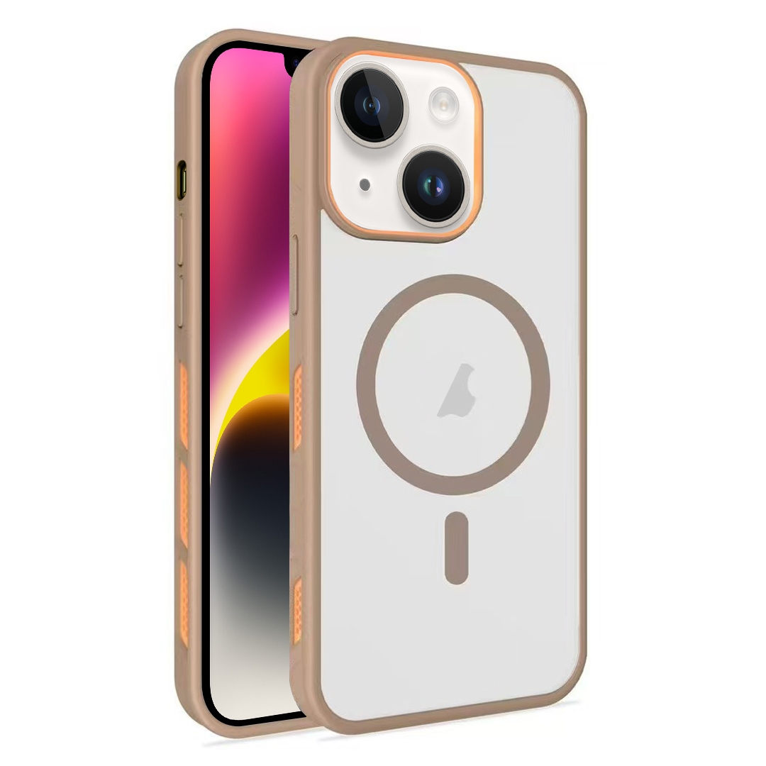 For iPhone 14 Frosted Translucent Side Ice Fog Cooling MagSafe Phone Case(Khaki) - Shopkiz.com