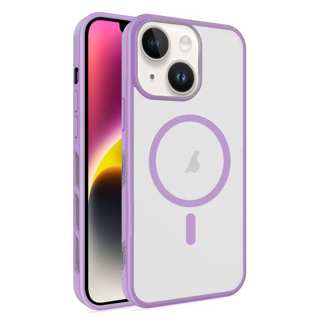 For iPhone 14 Frosted Translucent Side Ice Fog Cooling MagSafe Phone Case(Light Purple) - Shopkiz.com