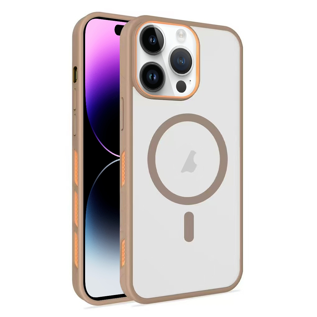 For iPhone 14 Pro Frosted Translucent Side Ice Fog Cooling MagSafe Phone Case(Khaki) - Shopkiz.com