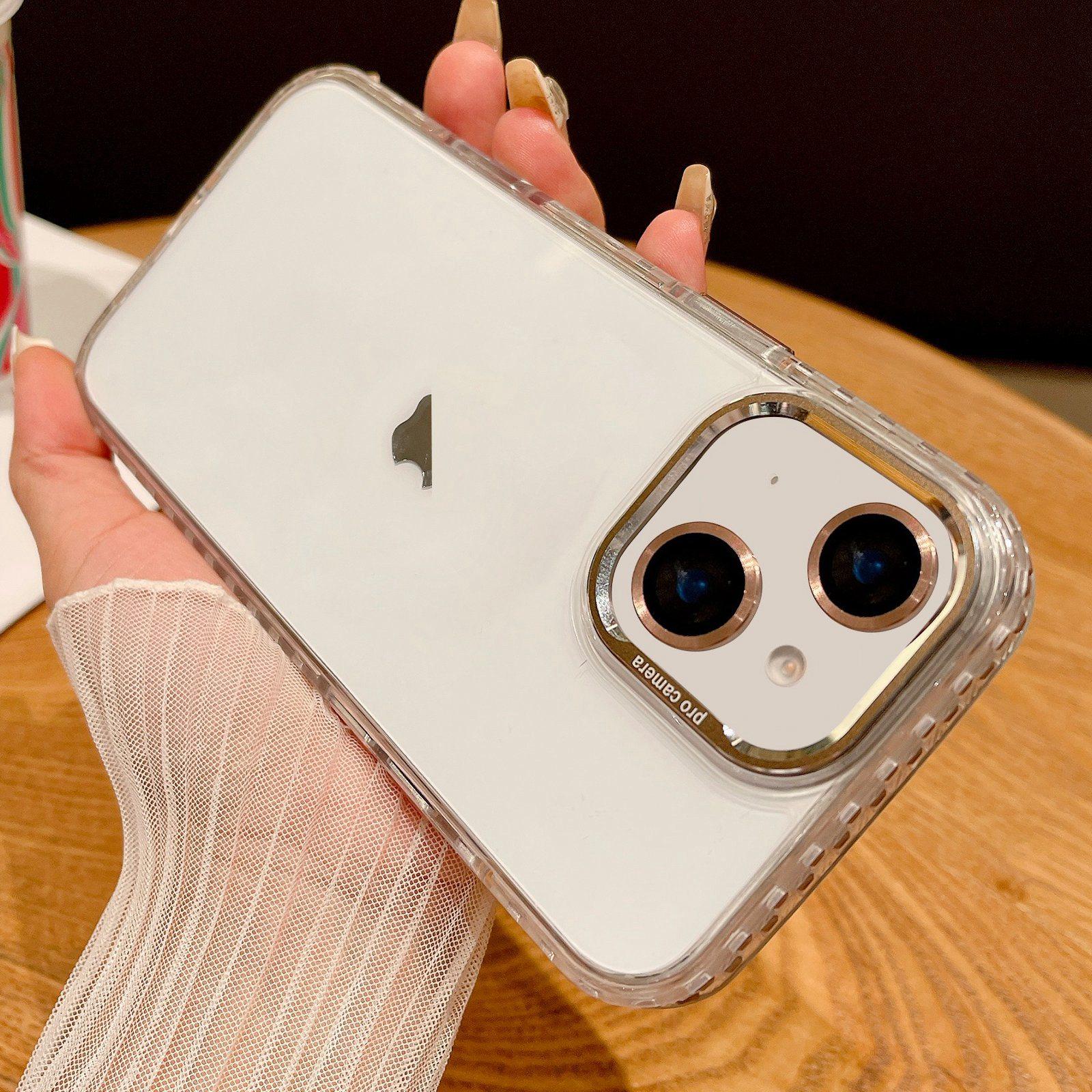 For iPhone 15 Transparent Phone Case with Lens Film(Titanium Gold) - Shopkiz.com