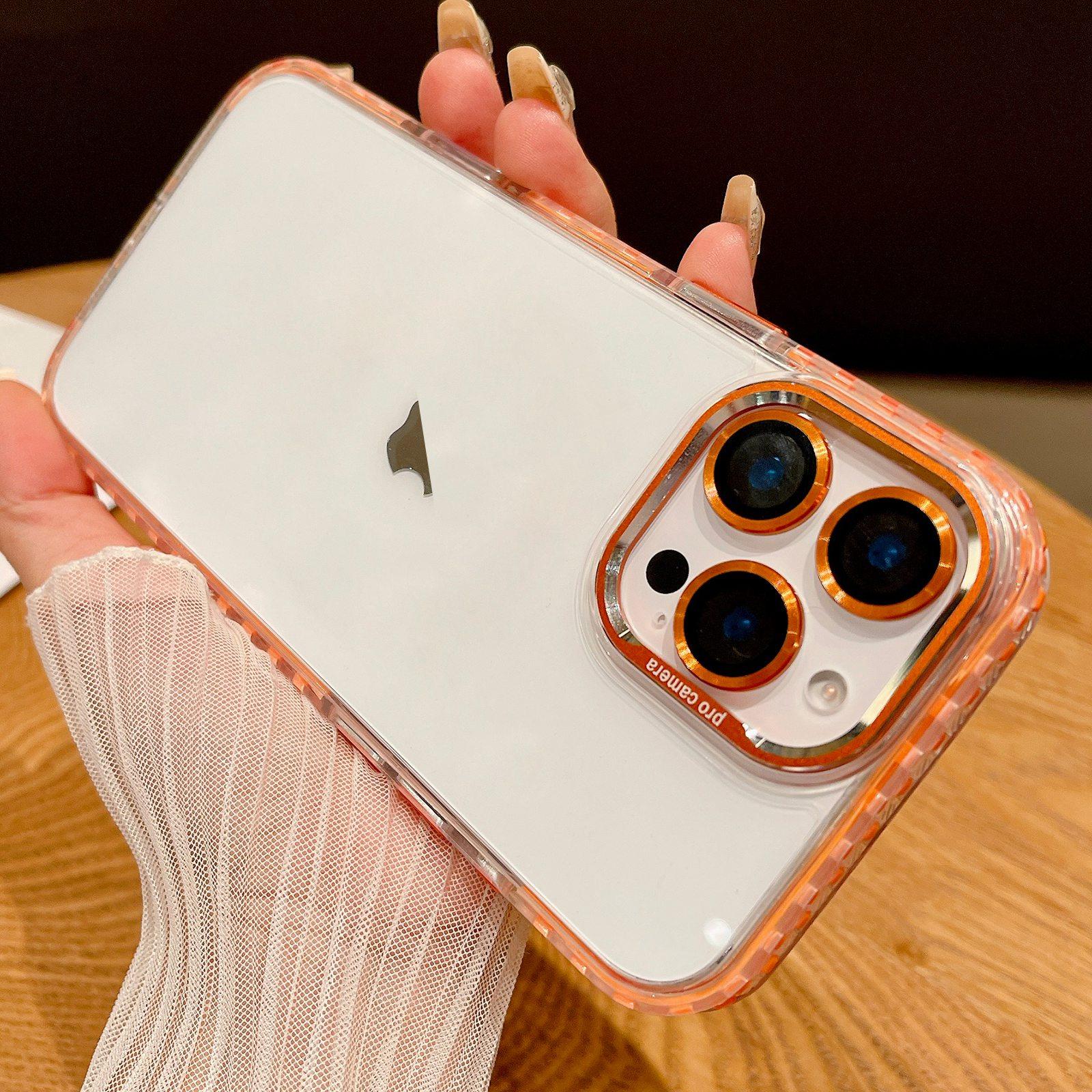 For iPhone 15 Pro Max Transparent Phone Case with Lens Film(Orange) - Shopkiz.com