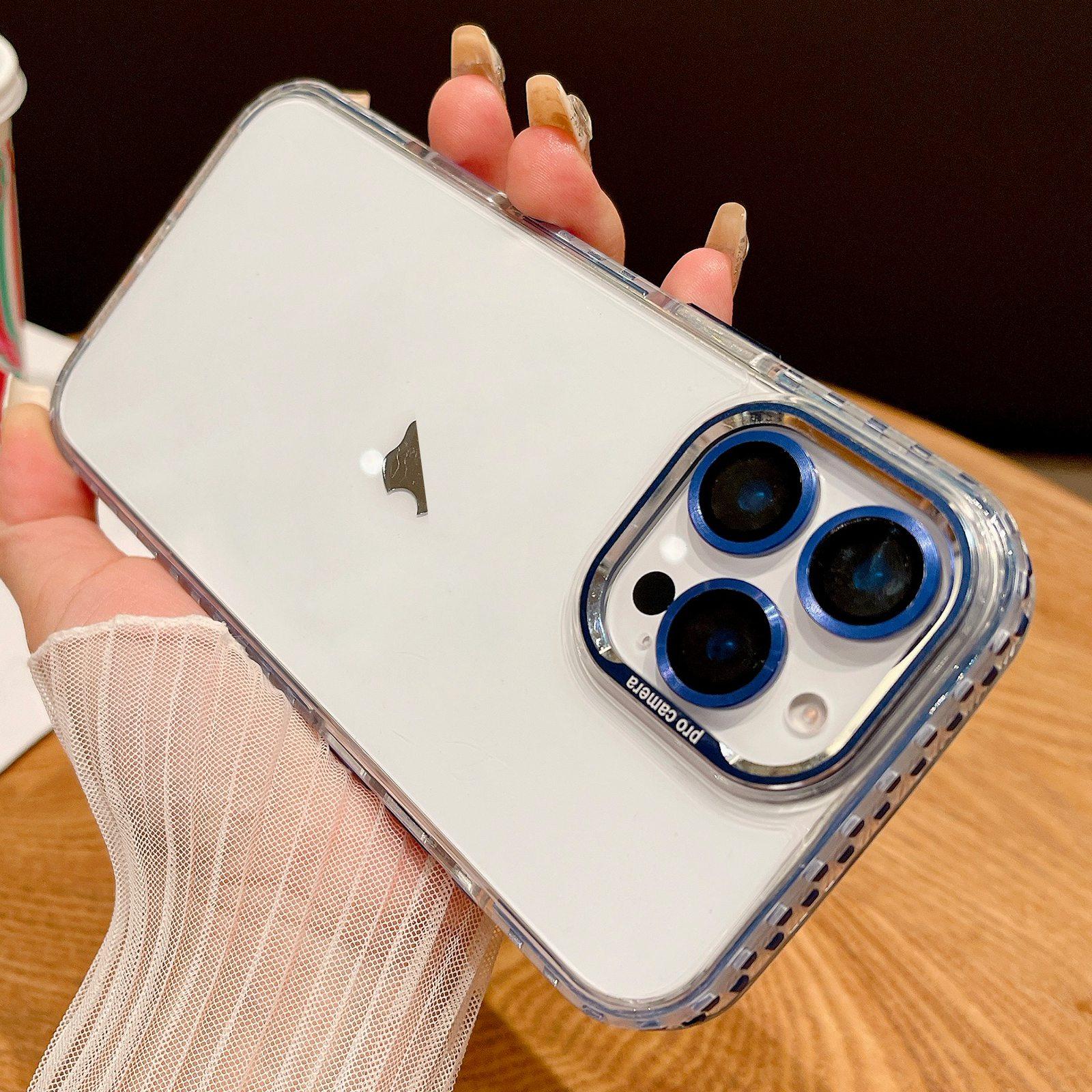 For iPhone 15 Pro Max Transparent Phone Case with Lens Film(Blue) - Shopkiz.com