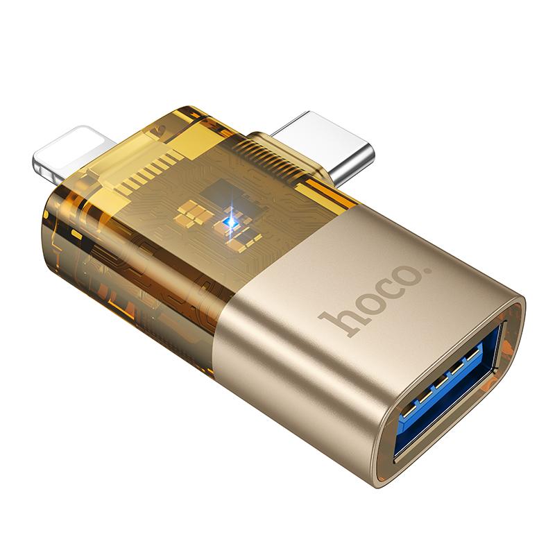 hoco UA36E 8 Pin, USB-C / Type-C Male to USB Female 2 in 1 OTG Transparent Adapter(Gold) - Shopkiz.com