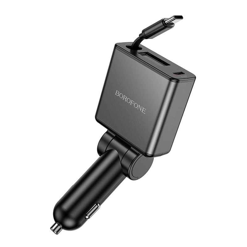 BOROFONE BZ33 Auspicious PD60W Type-Cx2 Car Charger with Retractable Cable(Black) - Shopkiz.com