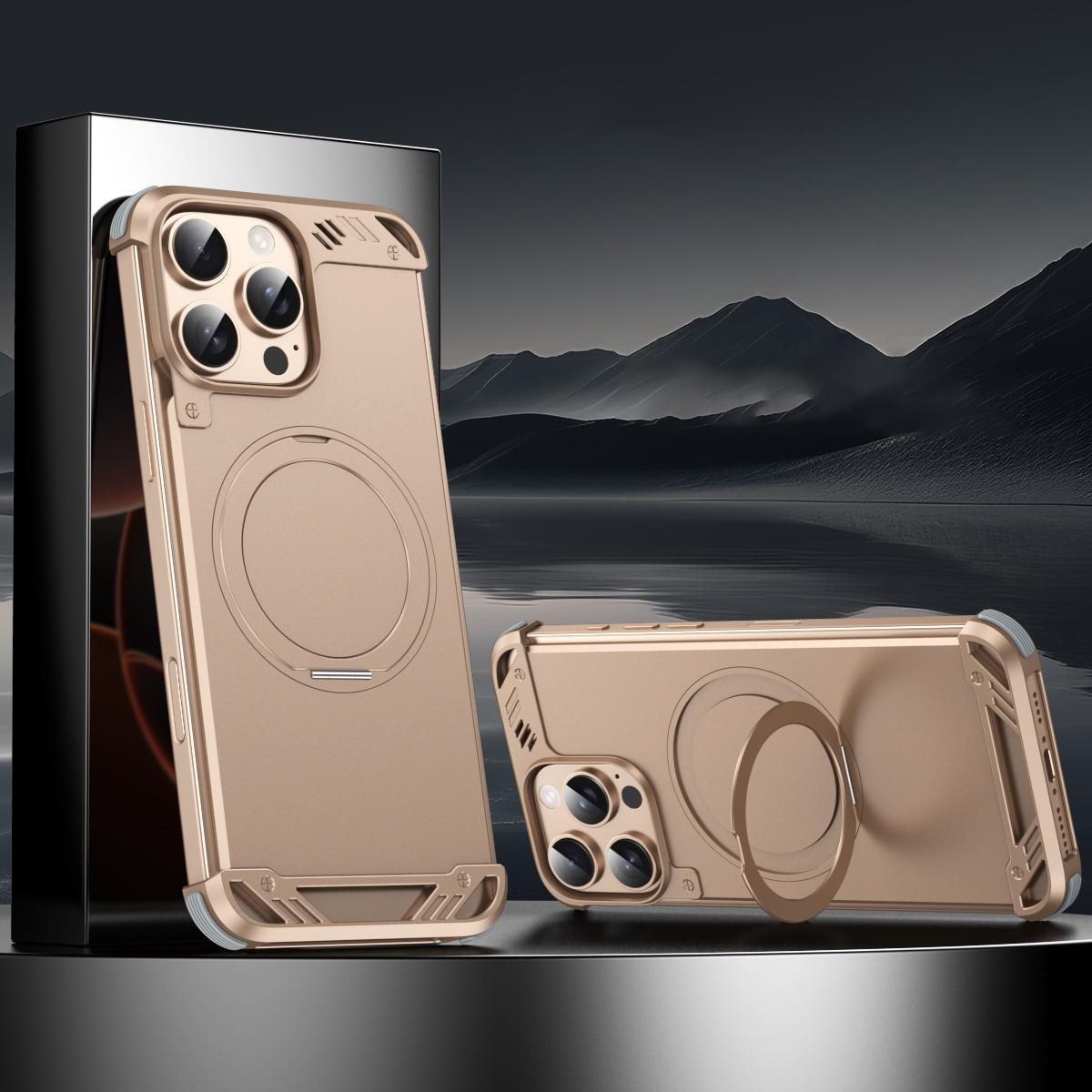For iPhone 14 Pro Max R-JUST RJ63-1 Frameless Aroma Mecha MagSafe Holder Phone Case(Desert Gold) - Shopkiz.com