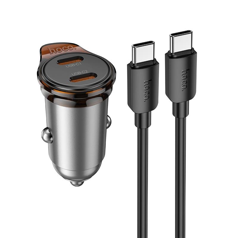 hoco NZ16B Rigorous PD45W USB-C / Type-C Dual Port Car Charger Set with Type-C to Type-C Cable(Grey) - Shopkiz.com