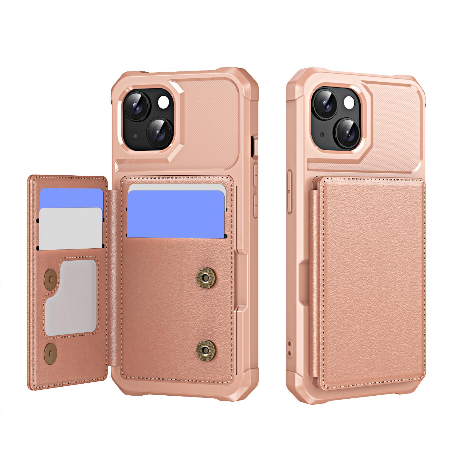 For iPhone 14 Plus Horizontal Flip Card Bag Holder Leather Phone Case(Rose Gold) - Shopkiz.com