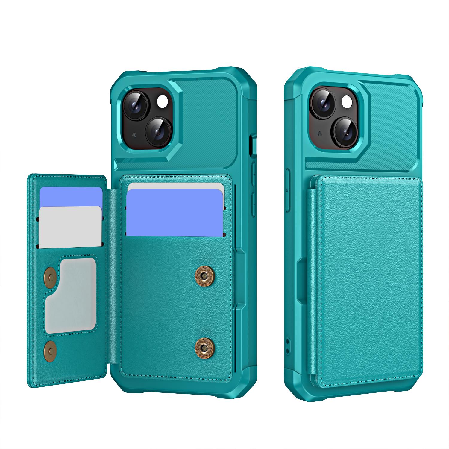 For iPhone 14 Plus Horizontal Flip Card Bag Holder Leather Phone Case(Cyan Green) - Shopkiz.com