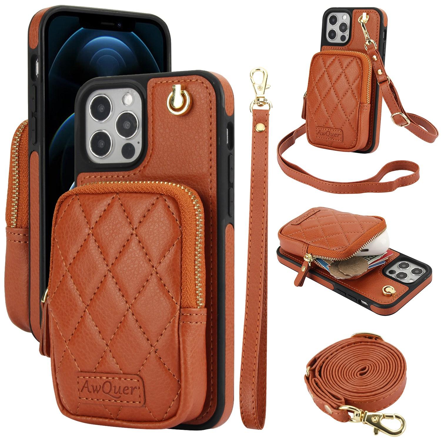 For iPhone 12 Pro Max AwQuer Crossbody Zipper Wallet Bag Litchi Leather Phone Case(Brown) - Shopkiz.com