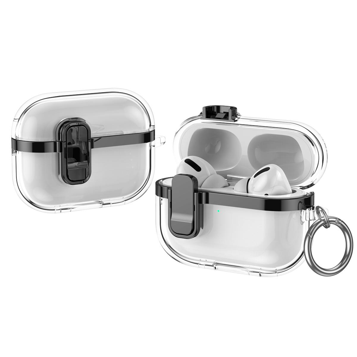 For AirPods Pro Electroplating Transparent Wireless Earphones Case with Security Lock(Black) - Shopkiz.com