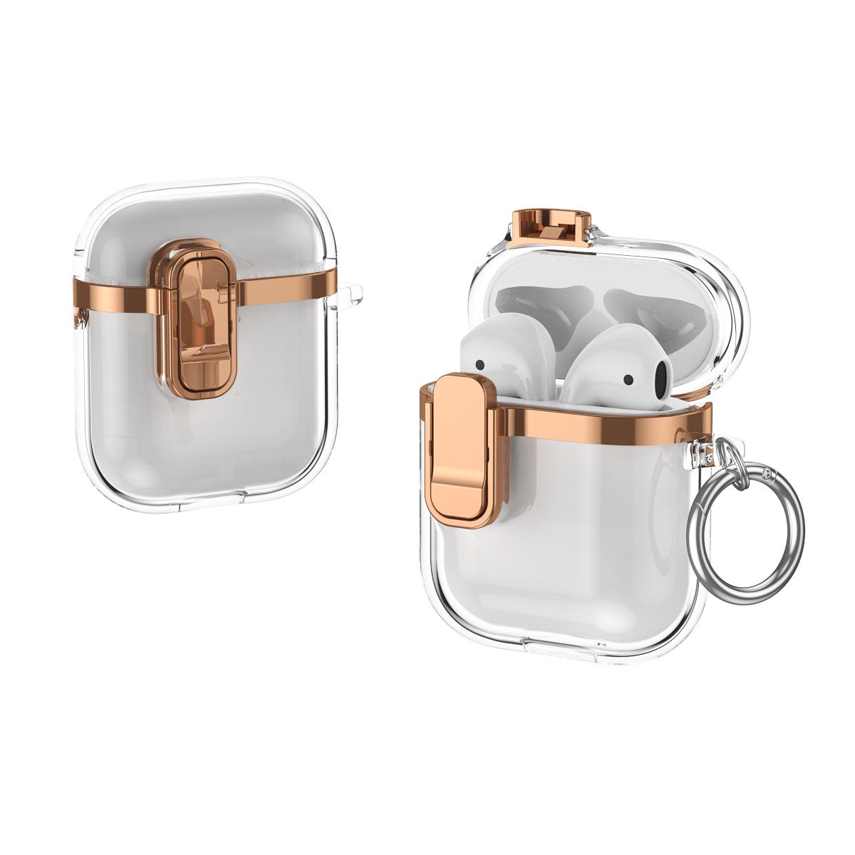 For AirPods 1 / 2 Electroplating Transparent Wireless Earphones Case with Security Lock(Champagne Gold) - Shopkiz.com