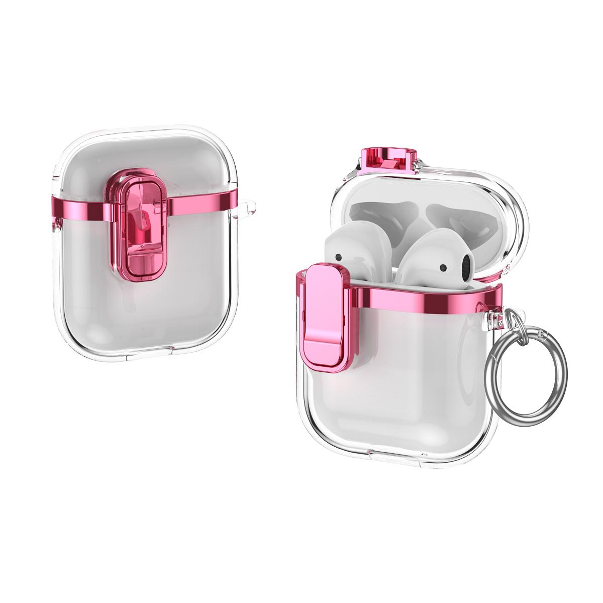 For AirPods 1 / 2 Electroplating Transparent Wireless Earphones Case with Security Lock(Pink) - Shopkiz.com