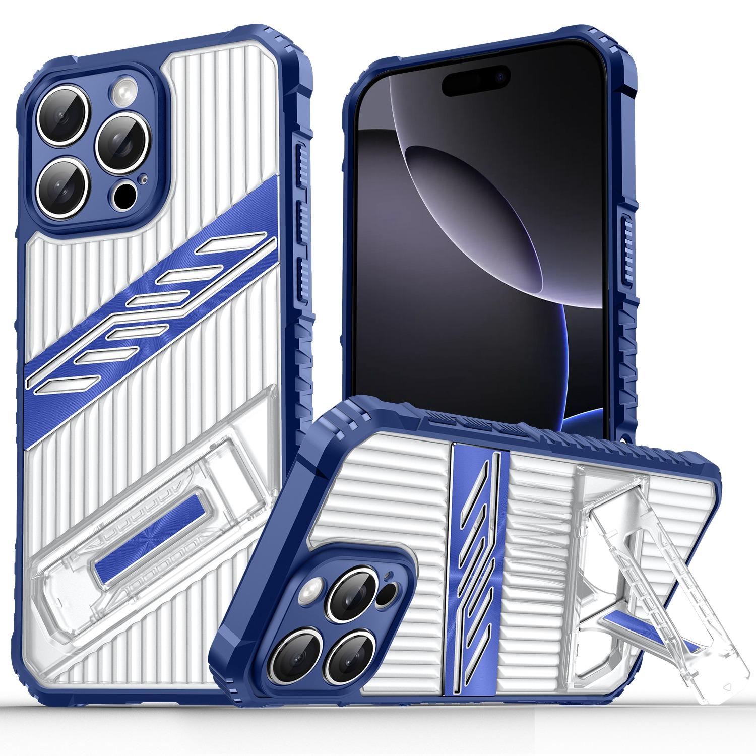 For iPhone 16 Pro Max Plating Holder PC Hybrid TPU Phone Case(Navy Blue) - Shopkiz.com