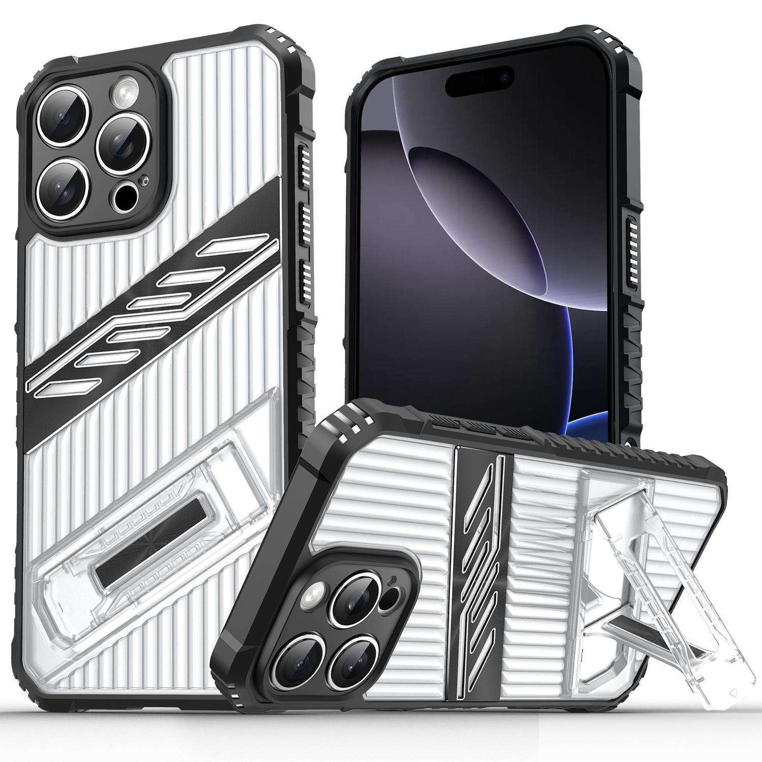 For iPhone 16 Pro Max Plating Holder PC Hybrid TPU Phone Case(Transparent Black) - Shopkiz.com