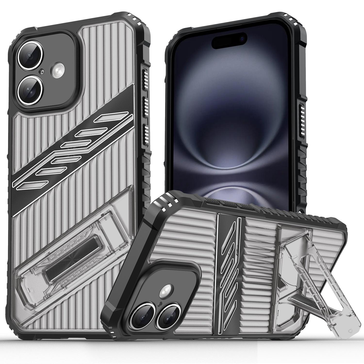 For iPhone 16 Plus Plating Holder PC Hybrid TPU Phone Case(Gray Black) - Shopkiz.com