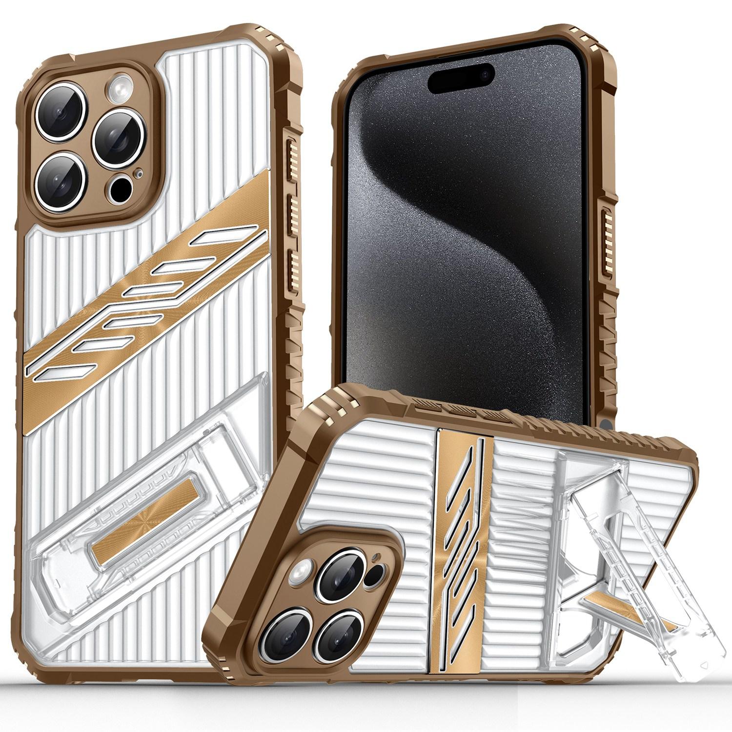 For iPhone 15 Pro Max Plating Holder PC Hybrid TPU Phone Case(Desert Gold) - Shopkiz.com