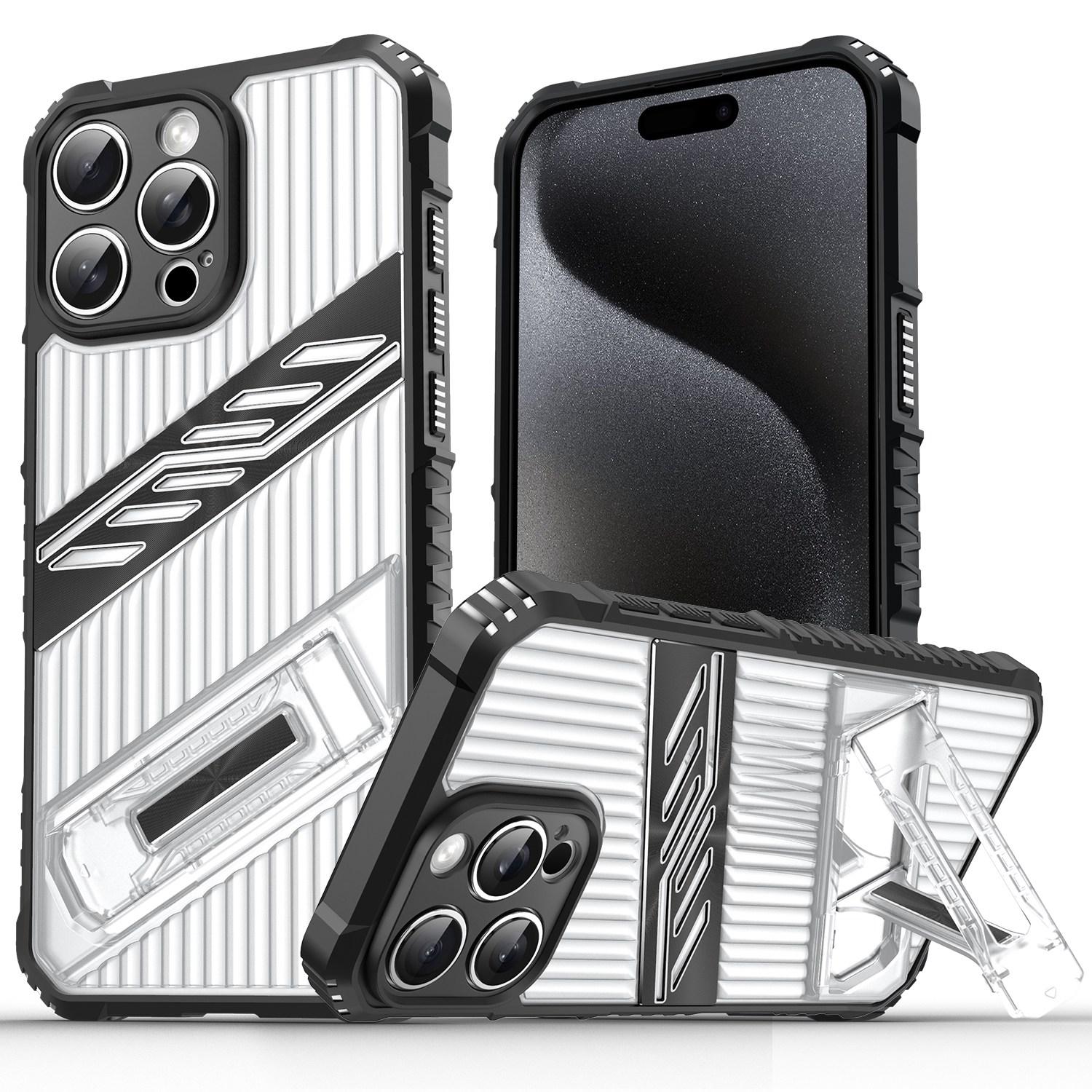 For iPhone 15 Pro Max Plating Holder PC Hybrid TPU Phone Case(Transparent Black) - Shopkiz.com