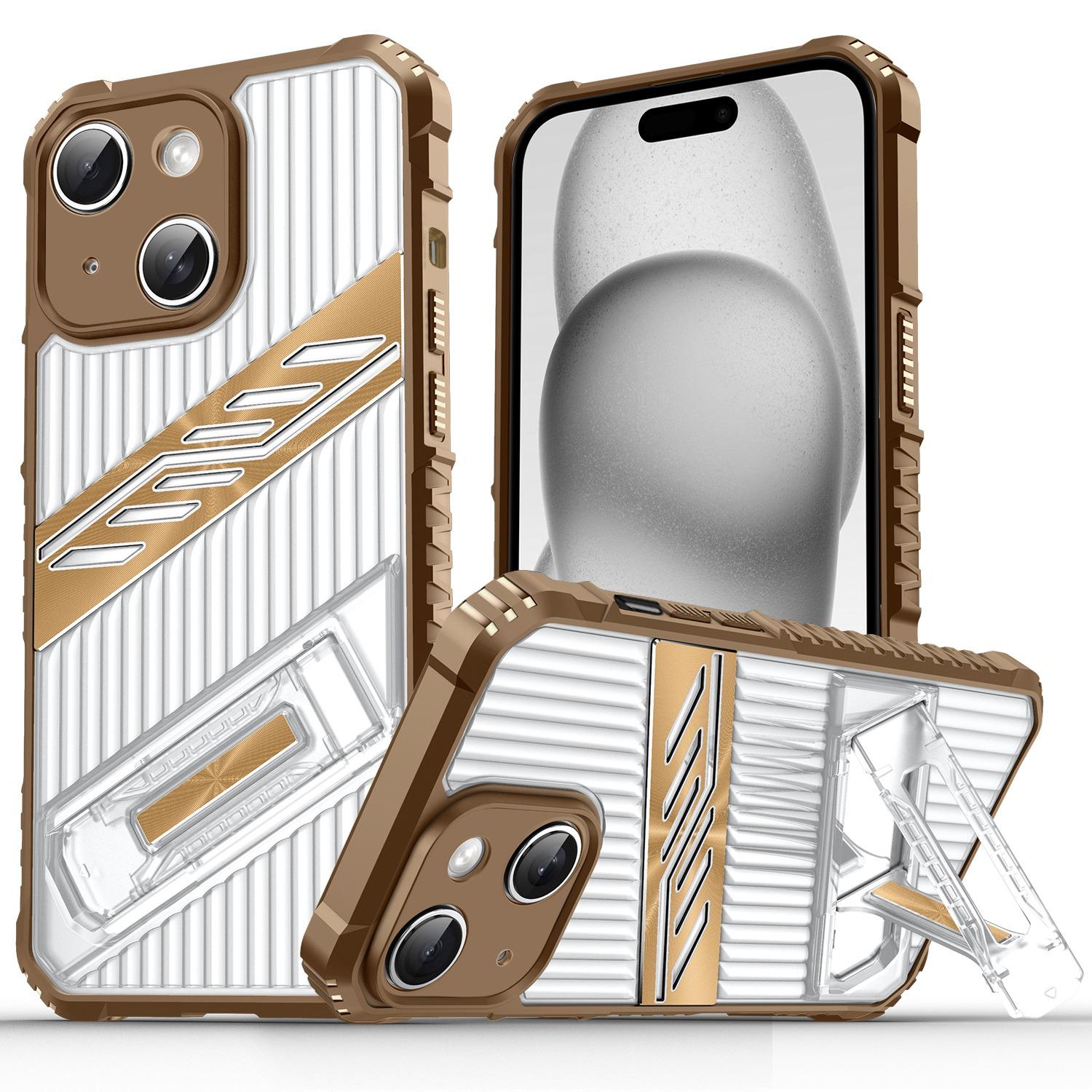 For iPhone 15 Plating Holder PC Hybrid TPU Phone Case(Desert Gold) - Shopkiz.com