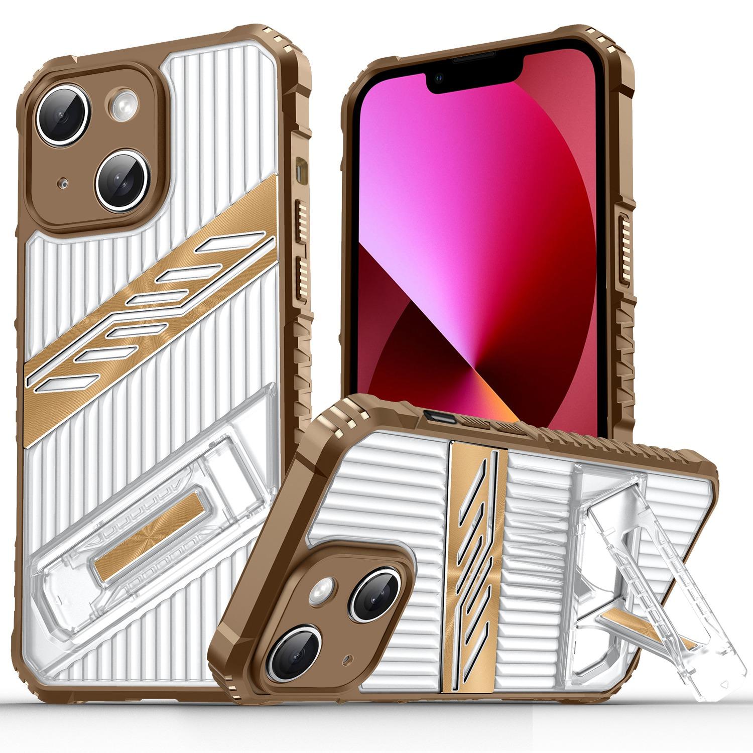For iPhone 13 Plating Holder PC Hybrid TPU Phone Case(Desert Gold) - Shopkiz.com