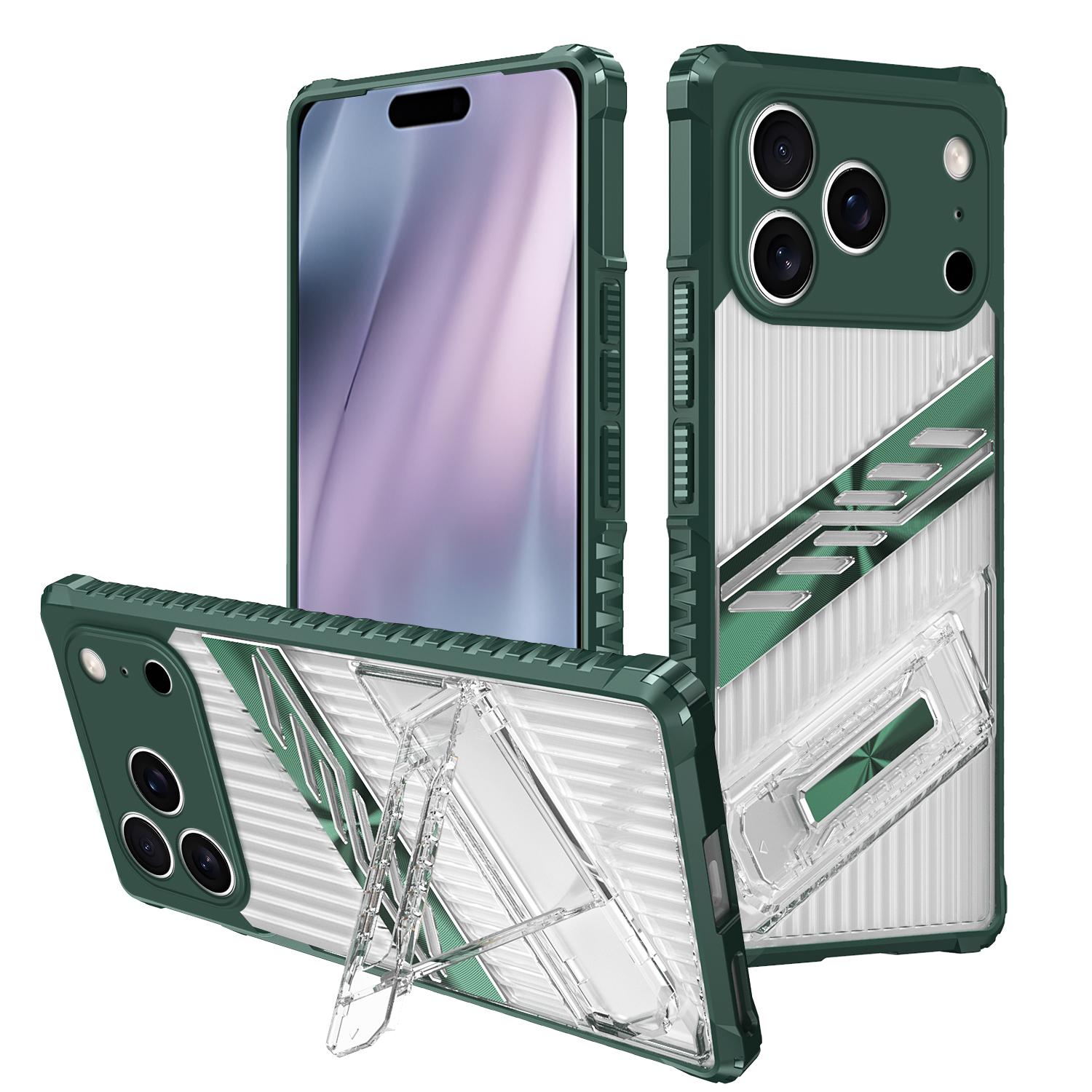 For iPhone 17 Pro Max Plating Holder PC Hybrid TPU Phone Case(Dark Green) - Shopkiz.com