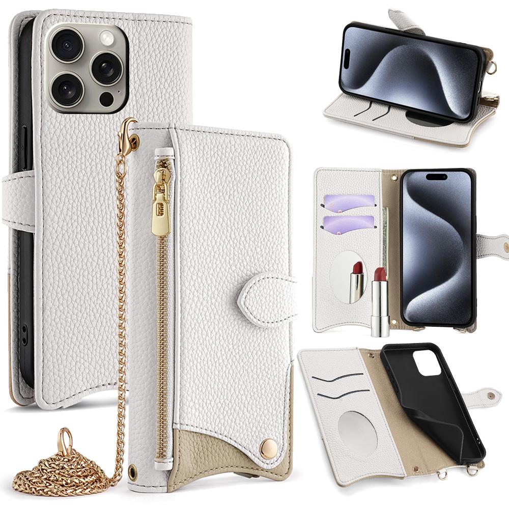 For iPhone 16 Pro Max Crossbody Chain Fishtail Litchi Leather Phone Case(White) - Shopkiz.com