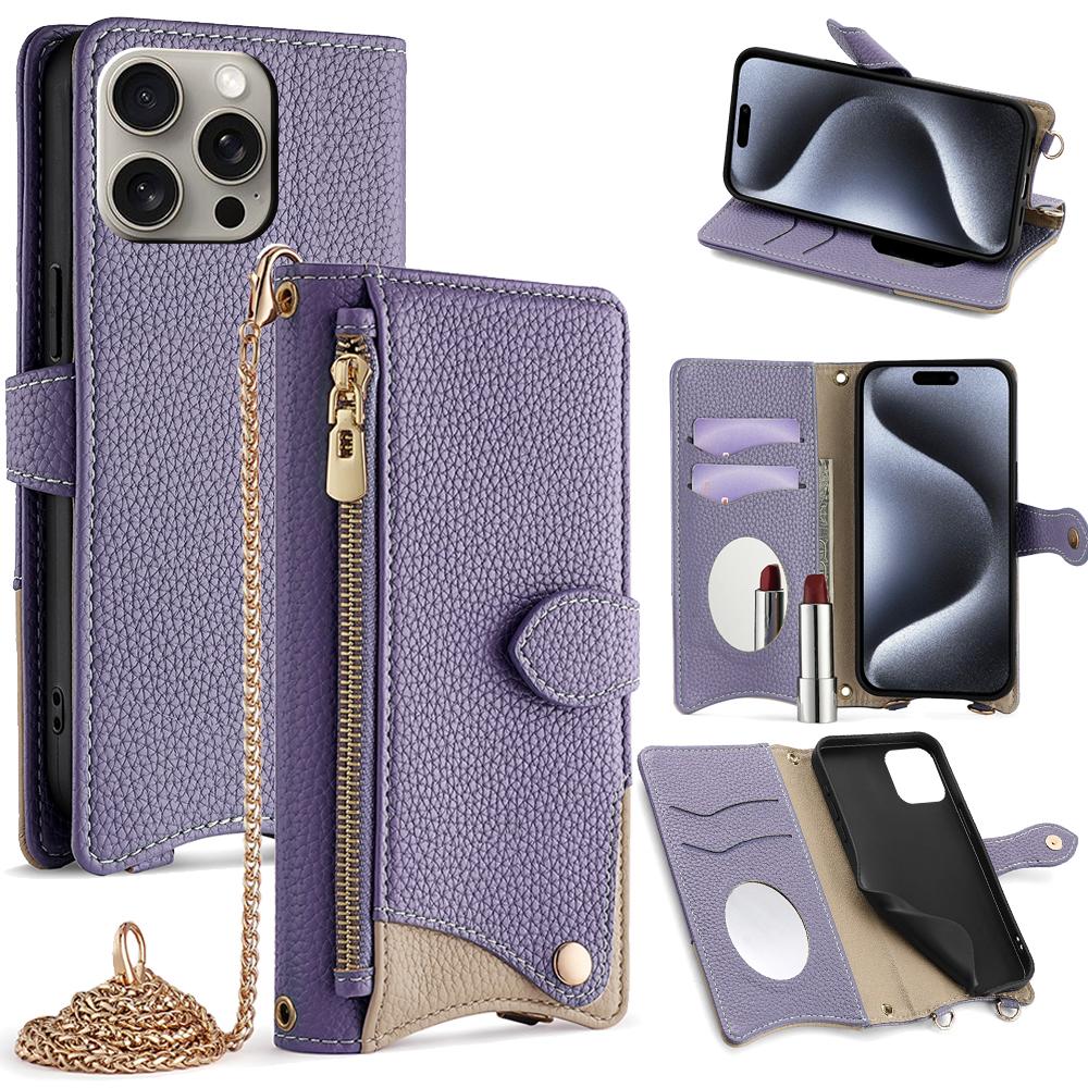 For iPhone 16 Pro Crossbody Chain Fishtail Litchi Leather Phone Case(Purple) - Shopkiz.com