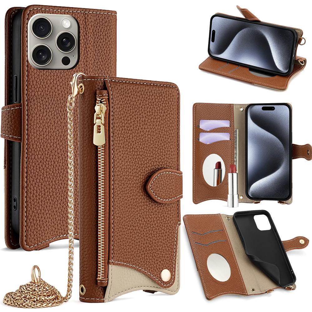 For iPhone 15 Pro Crossbody Chain Fishtail Litchi Leather Phone Case(Brown) - Shopkiz.com