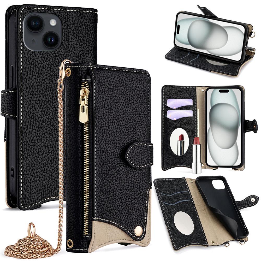 For iPhone 15 Plus Crossbody Chain Fishtail Litchi Leather Phone Case(Black) - Shopkiz.com
