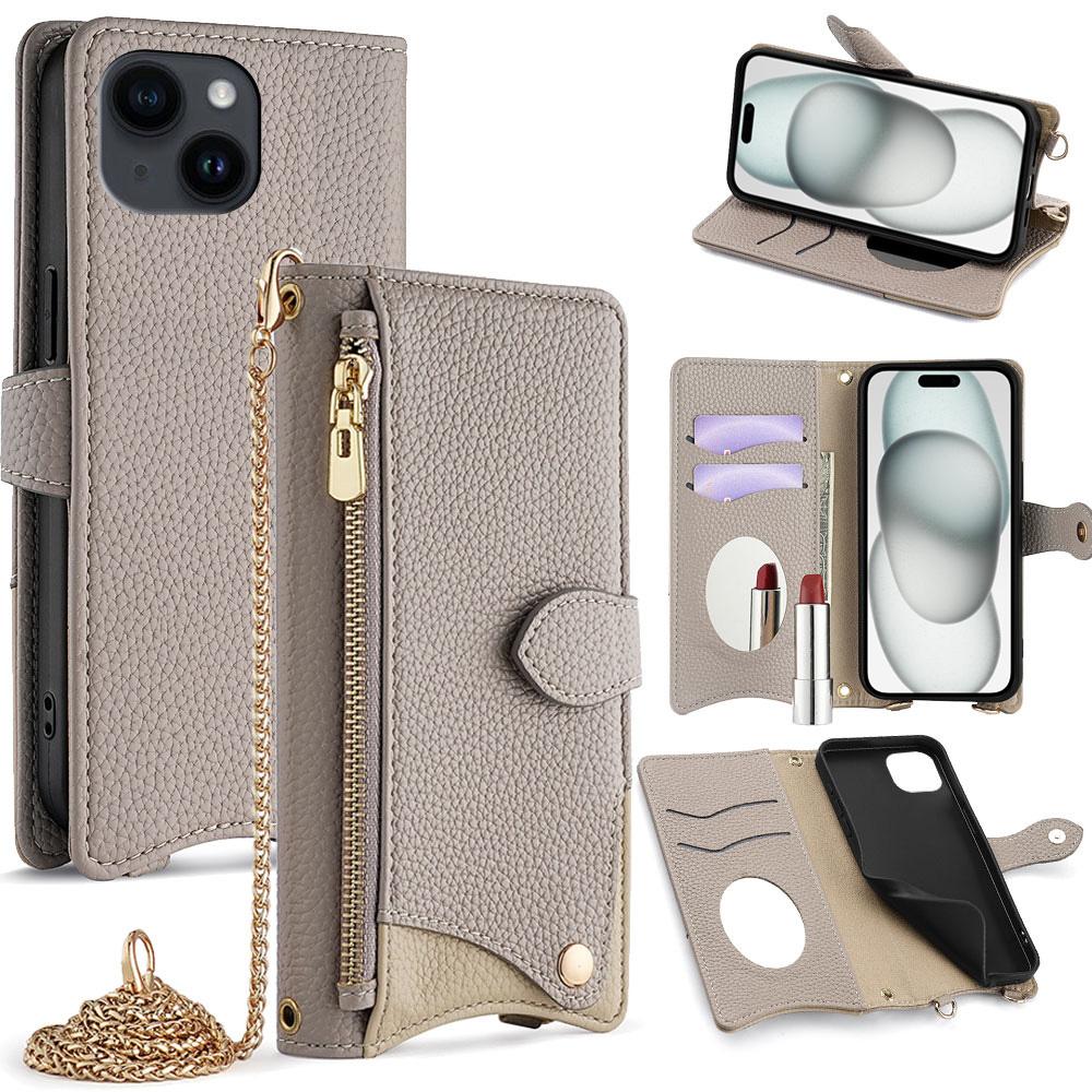 For iPhone 15 Crossbody Chain Fishtail Litchi Leather Phone Case(Grey) - Shopkiz.com