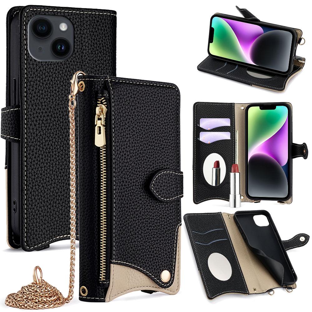 For iPhone 14 Plus Crossbody Chain Fishtail Litchi Leather Phone Case(Black) - Shopkiz.com