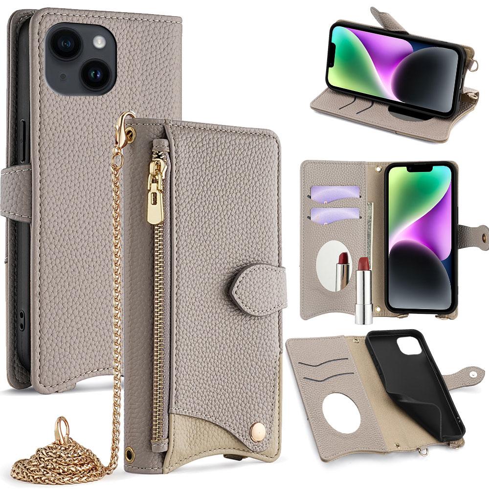 For iPhone 14 Plus Crossbody Chain Fishtail Litchi Leather Phone Case(Grey) - Shopkiz.com