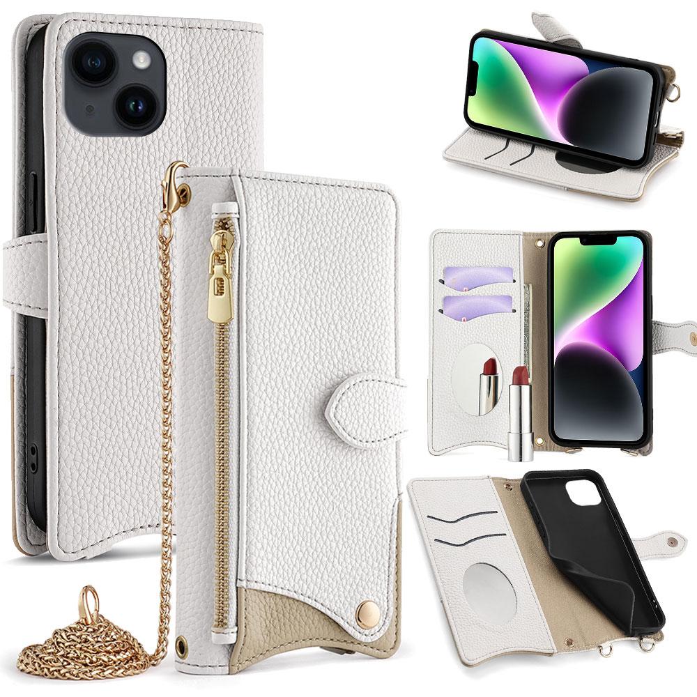 For iPhone 14 Crossbody Chain Fishtail Litchi Leather Phone Case(White) - Shopkiz.com