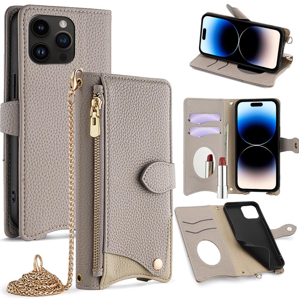 For iPhone 14 Pro Crossbody Chain Fishtail Litchi Leather Phone Case(Grey) - Shopkiz.com