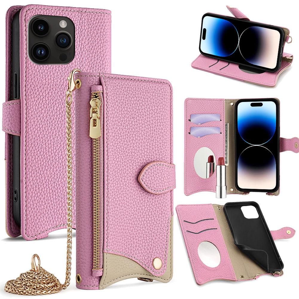 For iPhone 14 Pro Crossbody Chain Fishtail Litchi Leather Phone Case(Pink) - Shopkiz.com