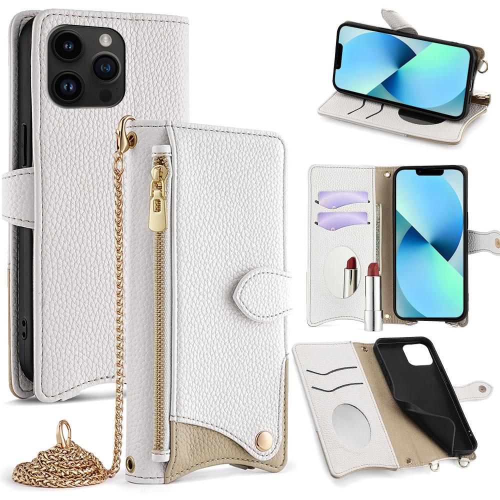 For iPhone 13 Pro Max Crossbody Chain Fishtail Litchi Leather Phone Case(White) - Shopkiz.com