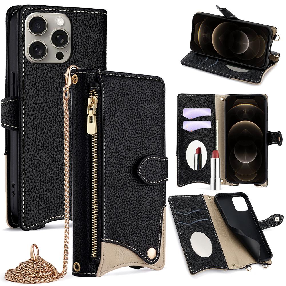 For iPhone 12 / 12 Pro Crossbody Chain Fishtail Litchi Leather Phone Case(Black) - Shopkiz.com