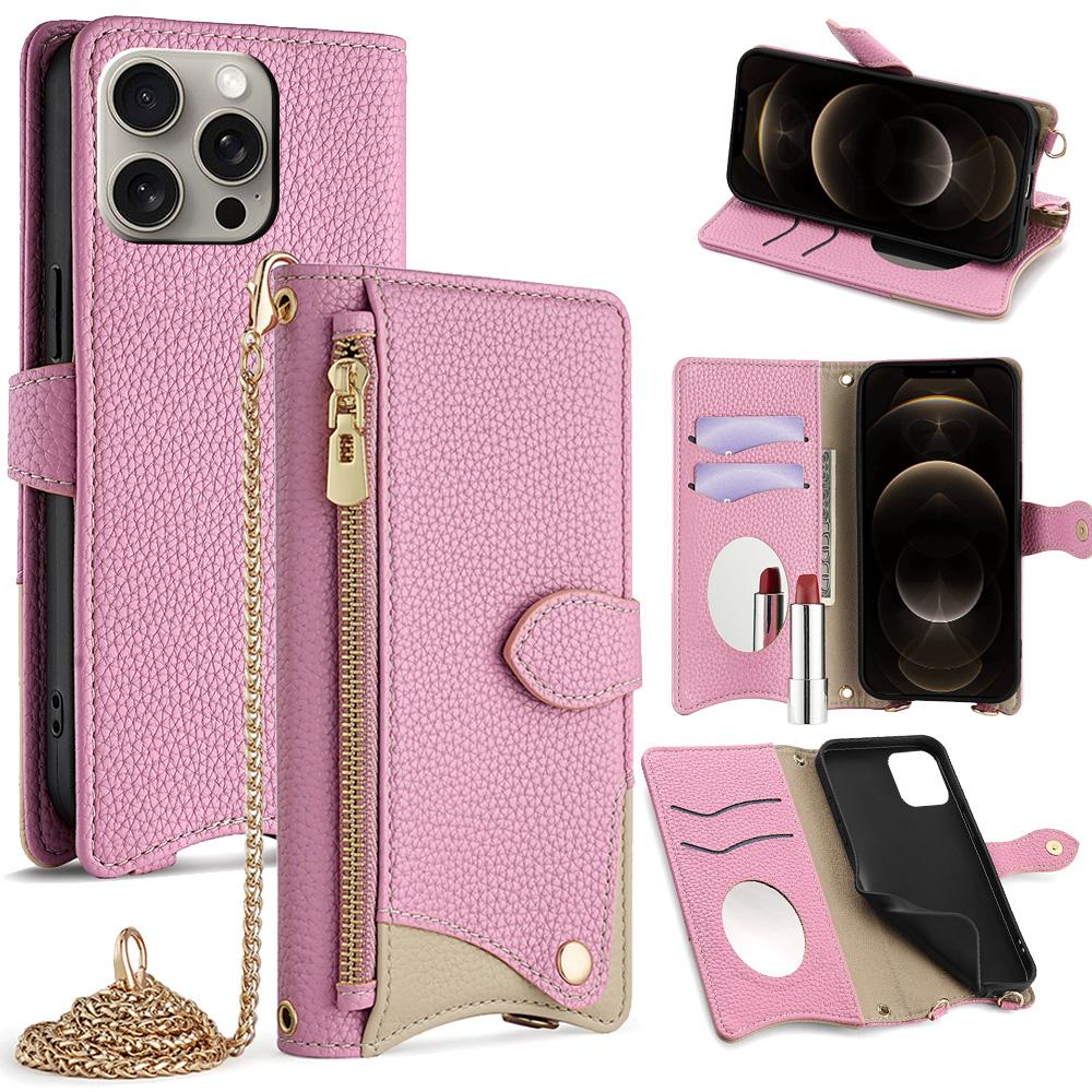 For iPhone 12 / 12 Pro Crossbody Chain Fishtail Litchi Leather Phone Case(Pink) - Shopkiz.com
