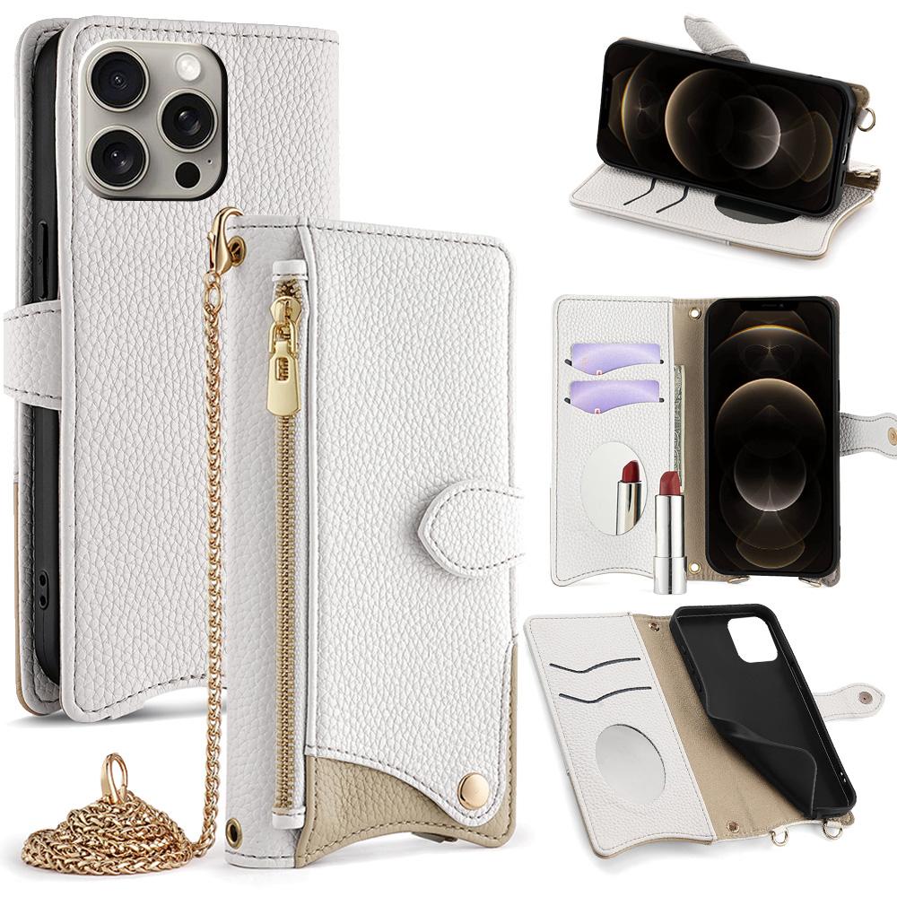 For iPhone 12 / 12 Pro Crossbody Chain Fishtail Litchi Leather Phone Case(White) - Shopkiz.com