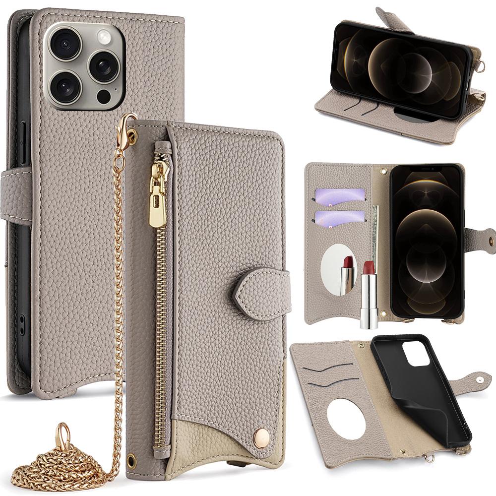 For iPhone 12 Pro Max Crossbody Chain Fishtail Litchi Leather Phone Case(Grey) - Shopkiz.com